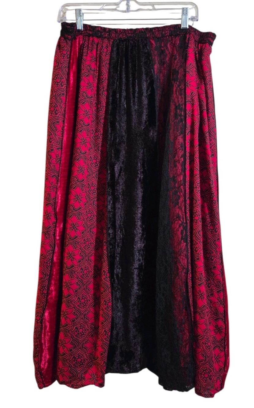 Patchwork Midi Skirt Lace Velvet Gothic Witchy Boho Y2K Women's Size L Black Red